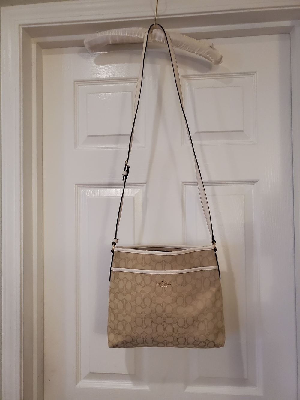 Coach Beige Signature  Canvas Crossbody with White Trim